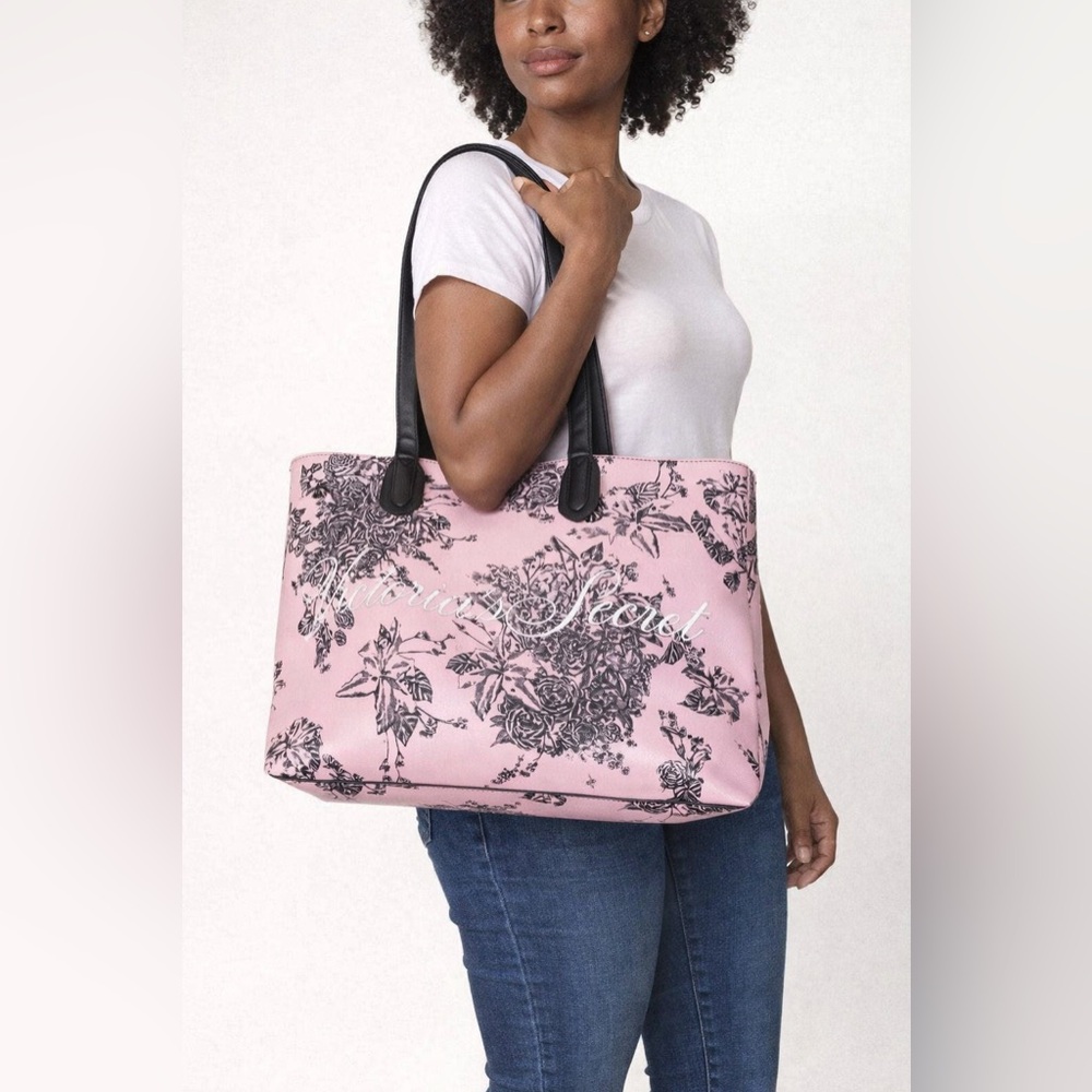 Victoria's Secret Pink and Black Floral Tote. Great Condition. Faux Leather